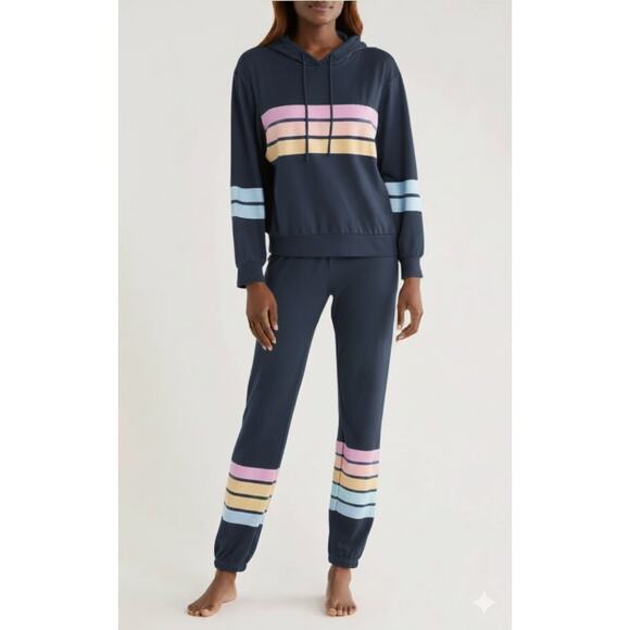 P.J. Salvage Women's Striped Pajama Hoodie Jogger Set Navy Blue Size XS - Picture 1 of 14